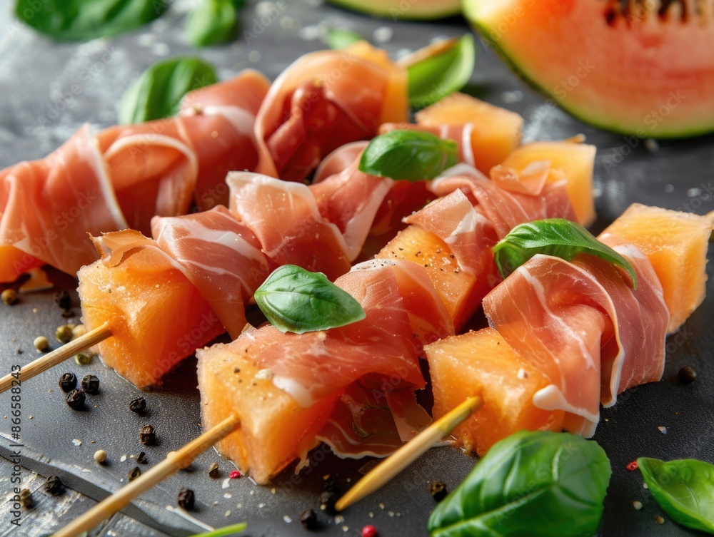Poster a plate of skewers with meat and melon on a table