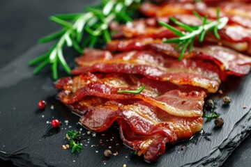 Delicious crispy bacon with rosemary and spices is waiting to be eaten