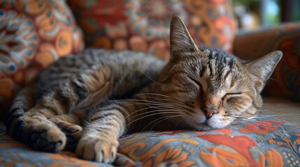 Restful Feline Haven: Adorable Cat Napping on Comfy Sofa with Stylish Cushions