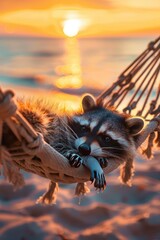 Obraz premium raccoon on a hammock against the background of the sea. Selective focus