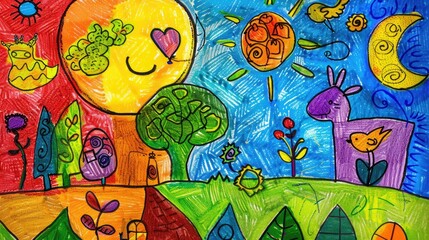 Fototapeta premium Children's eco-art: A colorful drawing outlines sustainable ecology for World Environment Day, promoting environmental preservation