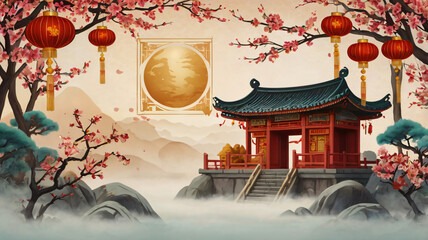 lunar new year themed illustration with red lanterns