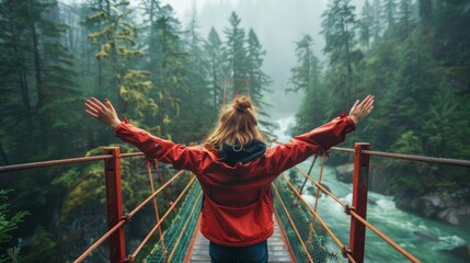 Arms raised in joy on a forest bridge