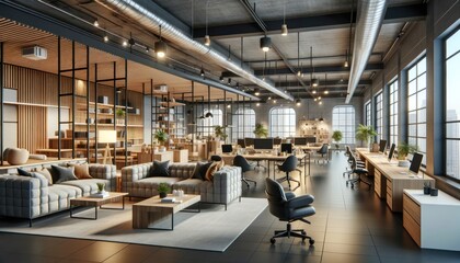 sophisticated office interior design featuring an open-plan workspace. The setting includes a variety of seating areas with plush sofas