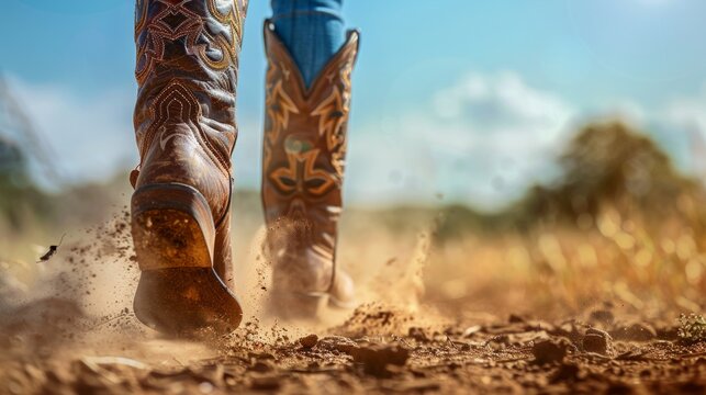 Close-up of cowboy boots walking on a dusty trail