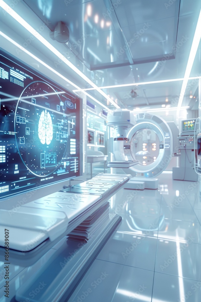 Poster a white room with a computer monitor showing a brain