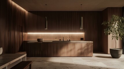 Elegant Dark Wood Kitchen with Subtle Lighting