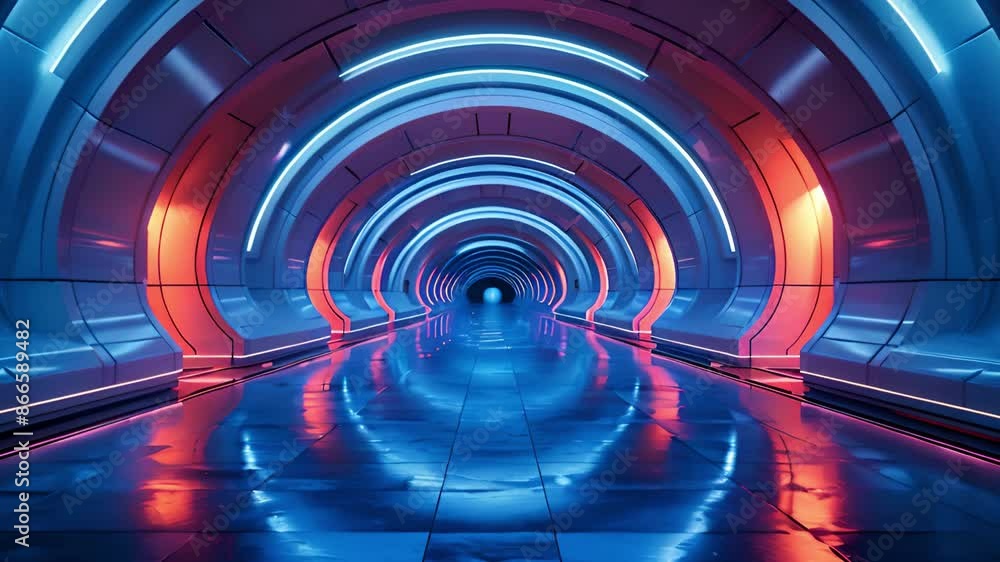 Aufkleber a futuristic tunnel with blue and orange lights. the tunnel is lined with white walls and has a refl