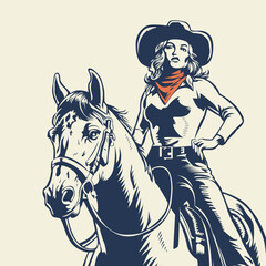 Vintage Illustration of a Cowgirl riding a Wild Horse