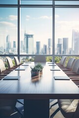 Obraz premium A large wooden table with a potted plant in the center