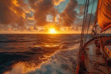 A vibrant sunset is seen from the deck of a sailboat navigating rough seas, highlighting the beauty of nature and the spirit of adventure on the high seas.