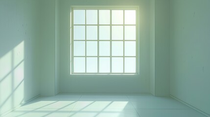 Fototapeta premium Bright empty room with large grid window and sunlight