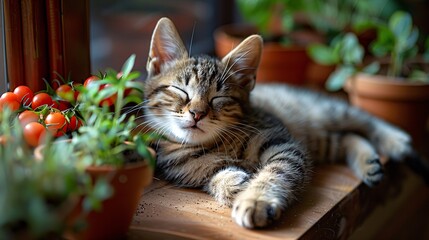 Fototapeta na wymiar Peaceful Kitty Nap Time in Sunlit Garden Sanctuary