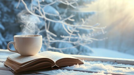 A cup of coffee is sitting on top of an open book