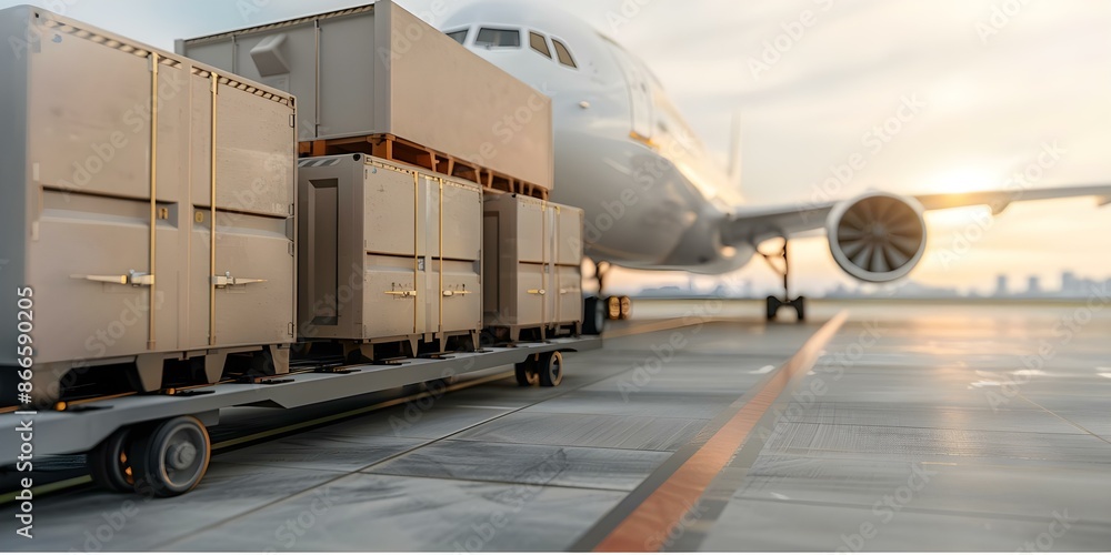 Poster preparing cargo containers for shipment loading onto airplane in logistics. concept cargo handling, 