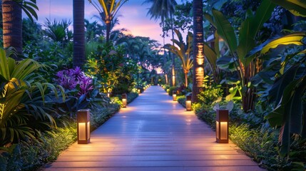 Obraz premium Illuminated garden path with lush greenery at dusk