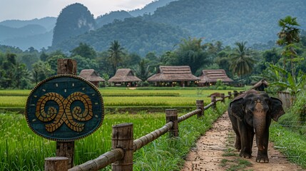 Fototapeta premium Majestic Thai Elephant Strolling on Rural Path with Traditional Huts and Rice Paddies Background