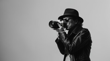 A monochrome portrait of a photographer, capturing moments in timeless elegance, isolated on a white background.