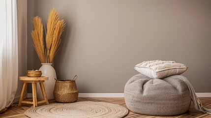 Fototapeta premium Serene room interiors with minimalist decor, minimal furniture and copy space. Luxury apartment decor concept image.