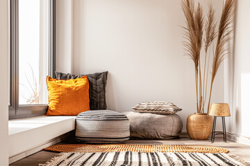Serene room interiors with minimalist decor, minimal furniture and copy space. Luxury apartment decor concept image.