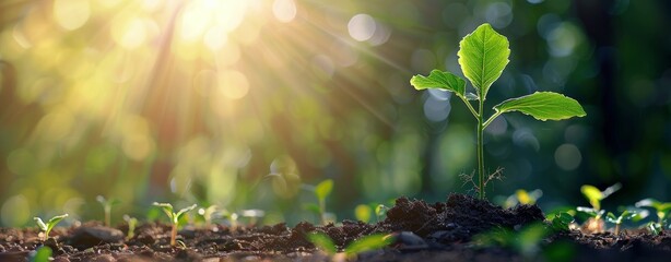 Young Sprout Growing in Soil Against Bright Sunlight