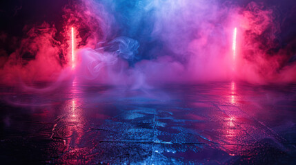 Fototapeta premium Futuristic neon background with smoke, reflections, and glowing pink and blue lights. Ideal for product photography, gaming, or cyberpunk themes.