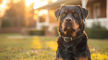 Fototapeta premium Watchful Rottweiler: Guarding Suburban Home in Morning Light