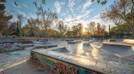Empty skatepark with graffiti at sunset