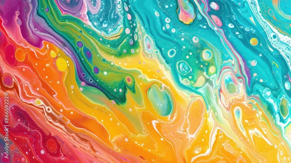 Poster Stunning abstract artwork with vivid liquid paint swirls and splashes in multiple colors on a dark canvas. AIG62