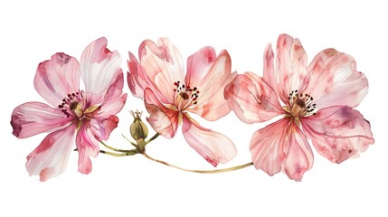 Naklejka premium Watercolor botanical art summer pink flowers on white background. Generative Ai