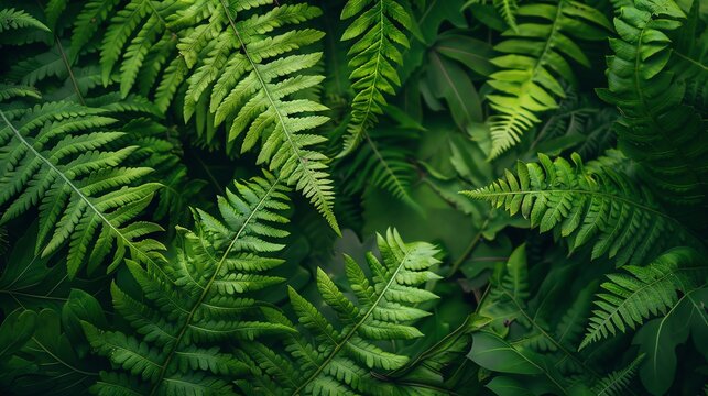 Closeup of lush fern leaves, natural and green, selective focus, forest floor theme, vibrant, manipulation, woodland backdrop