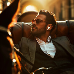 Man on a Suit laying on a horse carriage with sunglasses and headphones