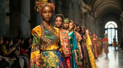 Obraz premium Models walk the runway in a variety of colorful, patterned garments, showcasing a vibrant and bold fashion collection