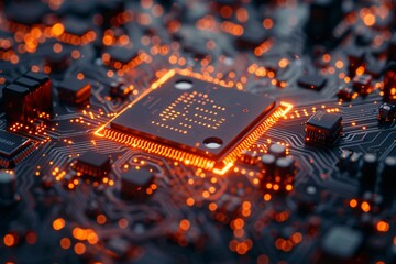 Close-up of a Glowing CPU Chip on a Circuit Board