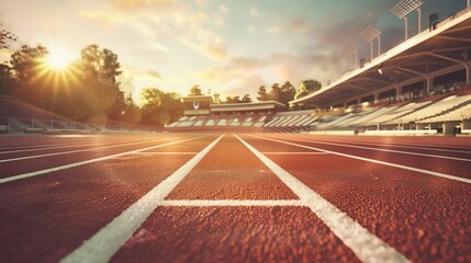 A n athletics stadium, track lanes and grandstands, competitive spirit in the air, selective focus, track and field theme, dynamic, double exposure, morning light backdrop