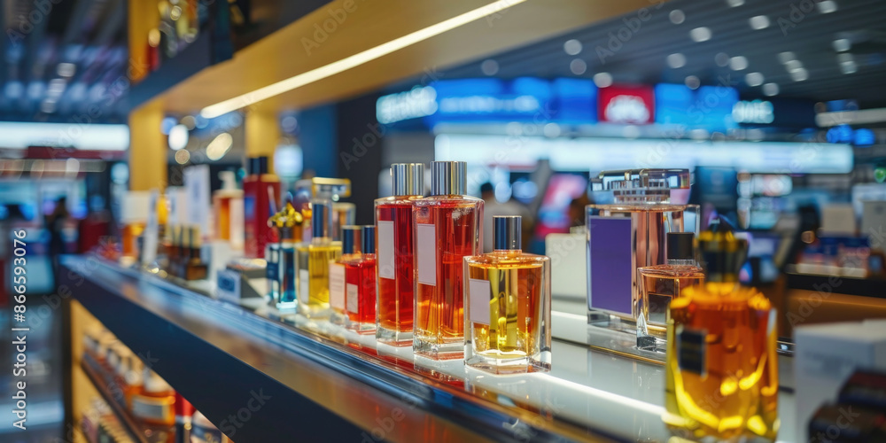 Aufkleber a display of perfume bottles on a counter in a store