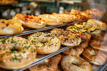 Delicious bagels with various toppings are sitting in a display case, waiting to be chosen by hungry customers