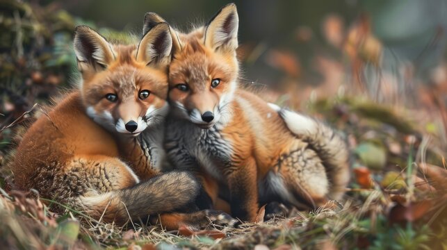 two foxes are hugging. Selective focus