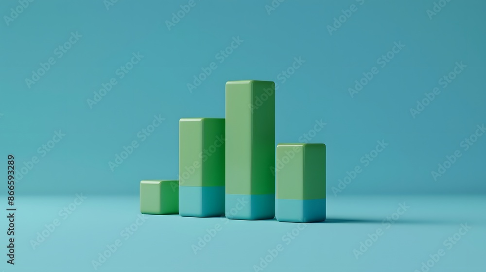 Poster 3d bar graph on a teal background representing data visualization, statistical analysis, and busines