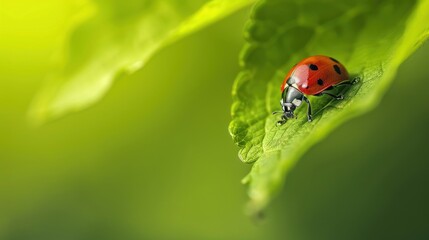 Fototapeta premium Small red-orange ladybug on a green leaf