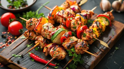 Grilled chicken skewers with colorful bell peppers, zucchini, and onions garnished with fresh herbs