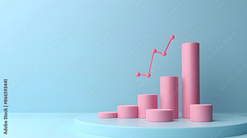 Poster 3d bar graph with upward arrow on blue background. pink columns represent data growth, trend, and an