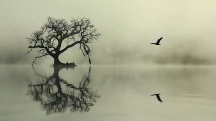 Atmospheric mystique: the silhouette of a dead tree reflected on a misty lake, accompanied by the graceful flight of a lone bird