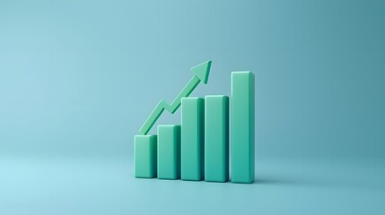 3D green bar chart with an upward arrow on a blue background, symbolizing growth, success, and financial progress.
