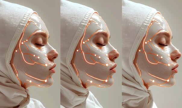 Female face skin lifting cosmetology concept with lifting lines advertising facial rejuvenation.