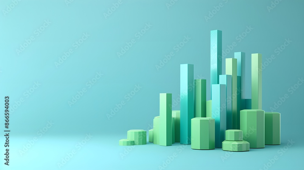 Poster 3d render of abstract green and blue bar graph on a light blue background representing data analysis