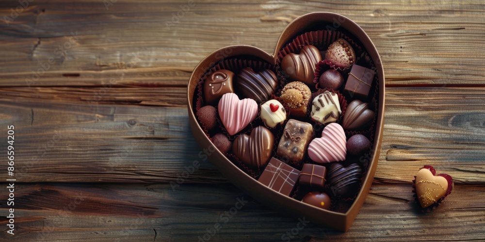 Poster a box of assorted chocolates is displayed on a wooden table