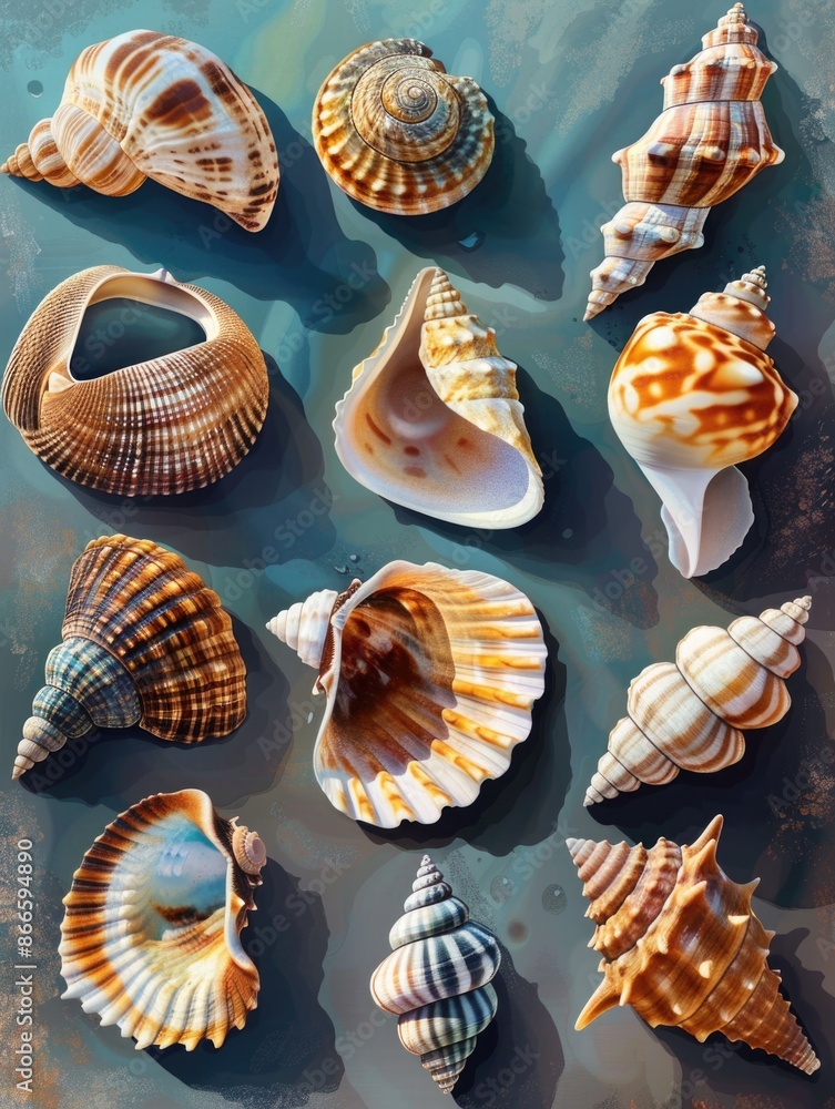 Poster a collection of seashells with various colors and patterns