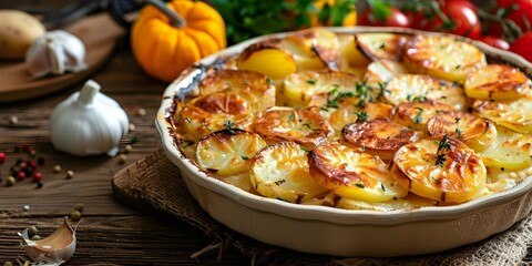 Potato Casserole with Creamy Gratin Dauphinois, a French-Inspired Dish. Concept French Cuisine, Recipe, Potato Dishes, Creamy Gratin, Casserole