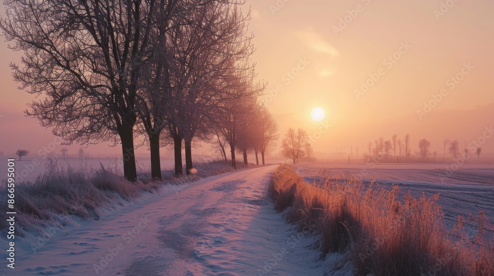Poster a road with trees in the background and a sun setting in the distance